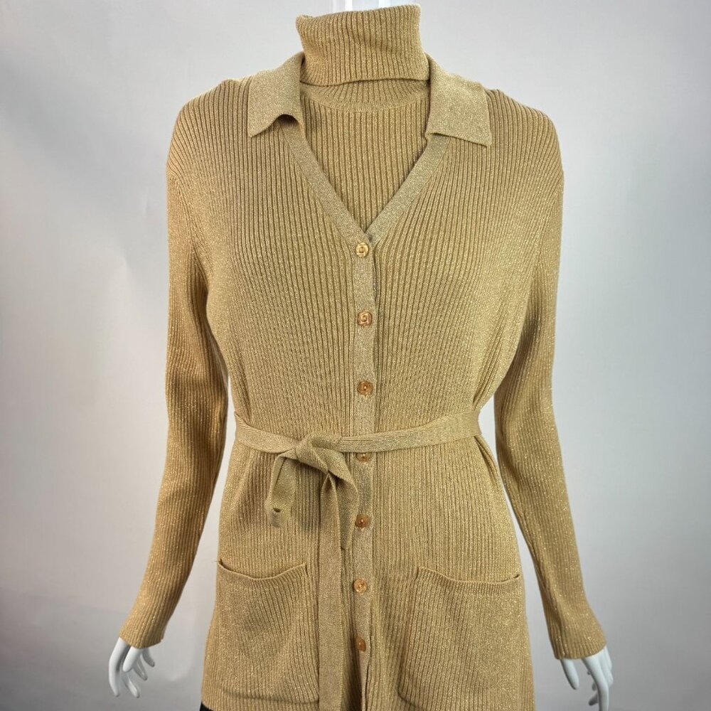 Emma James Gold Metallic Ribbed Knit Cardigan & Sleeveless Turtleneck Set m